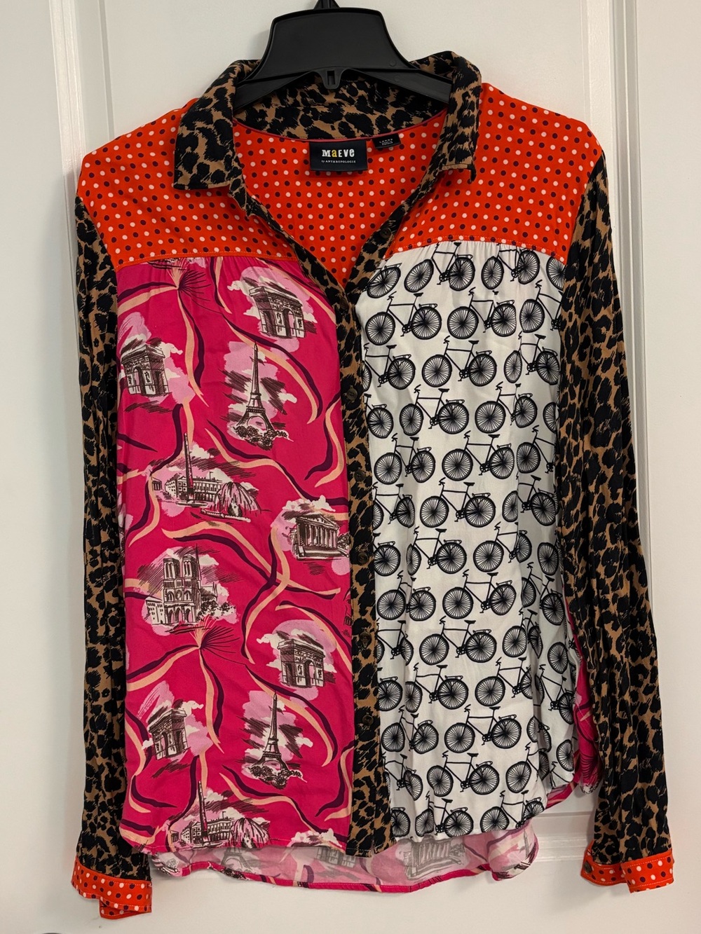 Maeve Mixed-Print Button-Down Shirt in Pink, Black & Orange